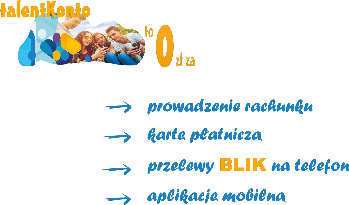 Czworo uśmiechniętych nastolatków siedzi na trawie i wspólnie ogląda coś na smartfonie. Na grafice widoczny jest kolorowy napis: 'talentKonto – konto młodzieżowe' oraz 'konto za 0 zł'. W tle widać drzewa i błękitne niebo. Na grafice poniżej znajdują się cztery strzałki z napisami: prowadzenie rachunku, kartę płatniczą, przelewy BLIK na telefon, aplikacje mobilną.